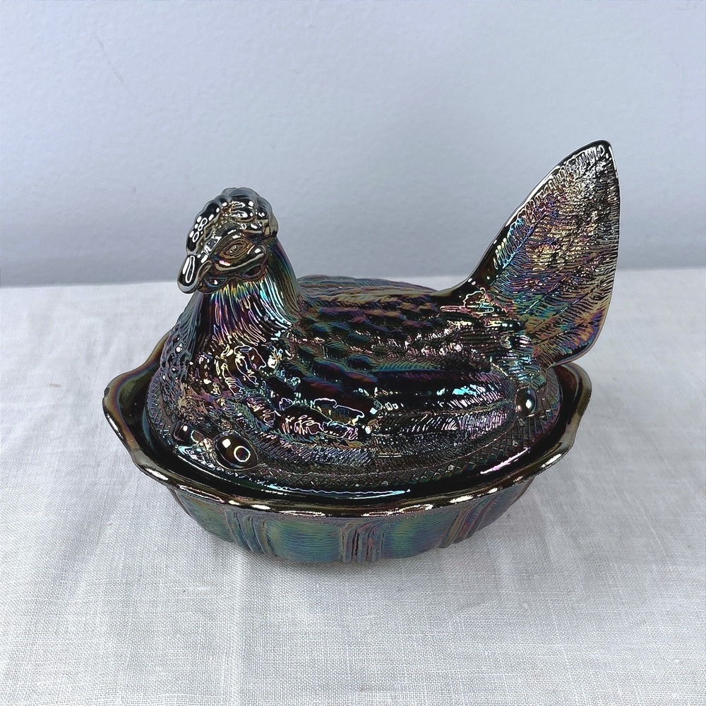 Fenton Black Carnival Glass Hen on Nest Covered Dish Iridescent Oil Slick 5.5"